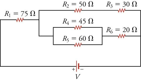 A circuit diagram showing six resistors, some in series and others parallel.
