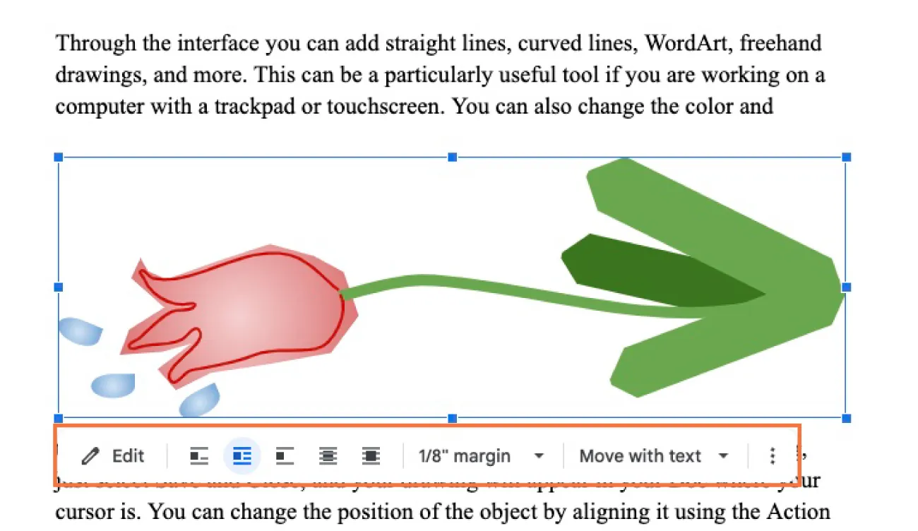 A selected image of a tulip is drawn sideways in a window. Action Bar items include Editing, placement of the image, margins, and Move with text.