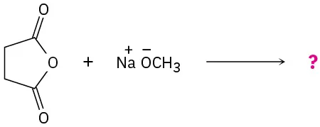 The reaction between a five-membered ring containing two carbonyl groups with an oxygen atom between them and sodium methoxide gives unknown products depicted by a question mark.
