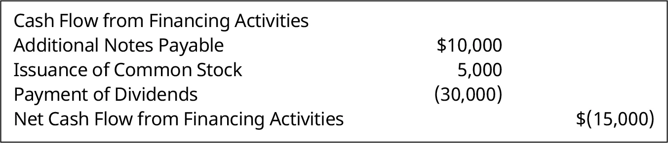 Financing Activities Section of the Statement of Cash Flows for Clear Lake Sporting Goods. The net cash flow from financing activities is negative $15,000.