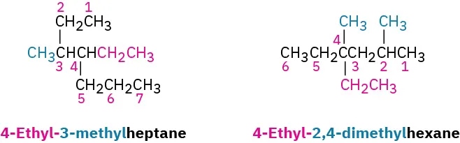 The molecular structures of 4-ethyl-3-methylheptane and 4-ethyl-2, 4-dimethylhexane are represented.