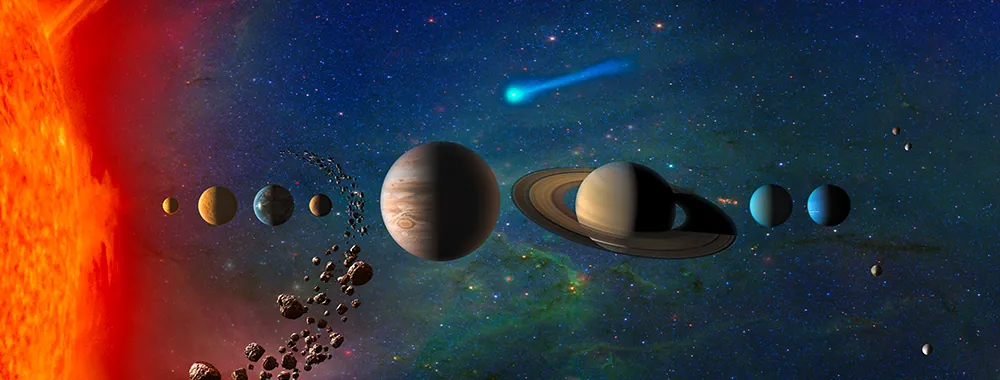 An illustration shows the solar system. The sun, Mercury, Venus, Earth, Mars, Jupiter, Saturn, Uranus, and Neptune are labeled.
