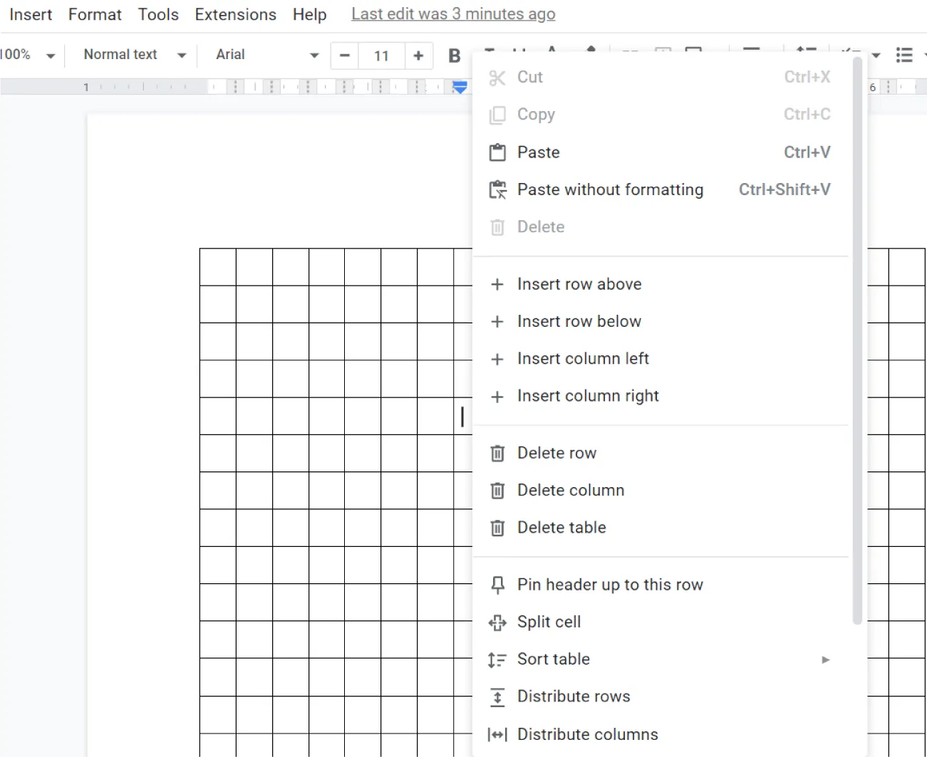 A pane lists options for adjusting a table: Cut, Copy, Paste, Paste without formatting, Delete, Insert row above, Insert row below, Insert column left, Insert column right, Delete row, etc.