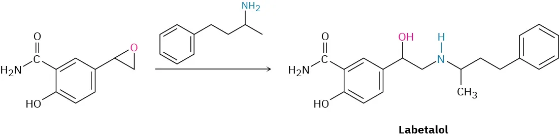 A benzene ring with alcohol, amide, and epoxide functional groups reacts with an amine to form Labetalol.