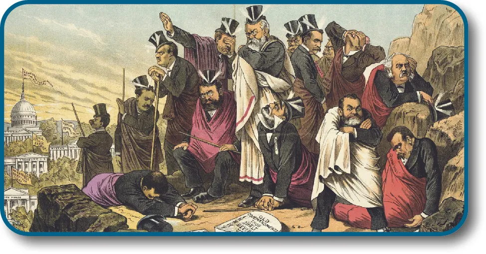 A cartoon featuring a group of dejected former bureaucrats wrapped in blankets, huddling together on a rocky cliff. The United States Capitol is visible in the distant background.