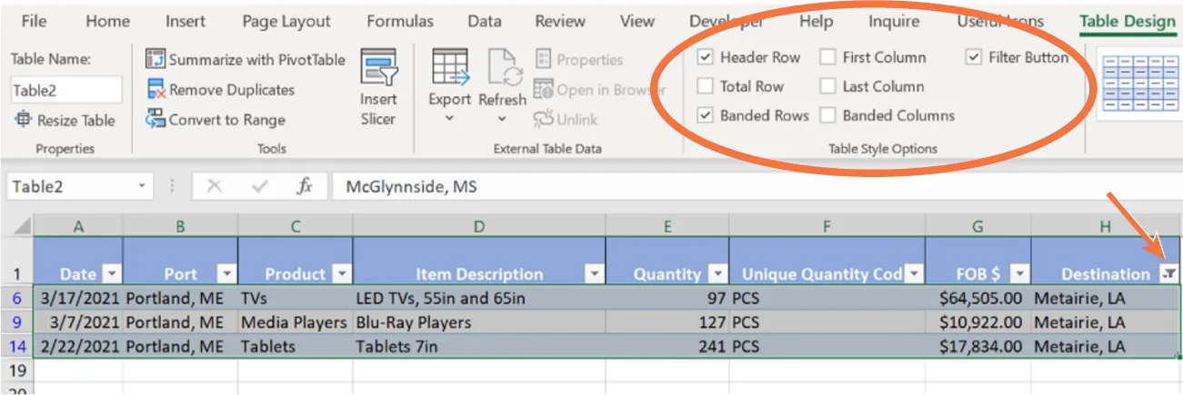 Table Style Options command group options: Header row, Total Row, Banded Rows, First Column, Last Column, Banded Columns, Filter Button. In spreadsheet, filter button is visible on right side of cell H1.