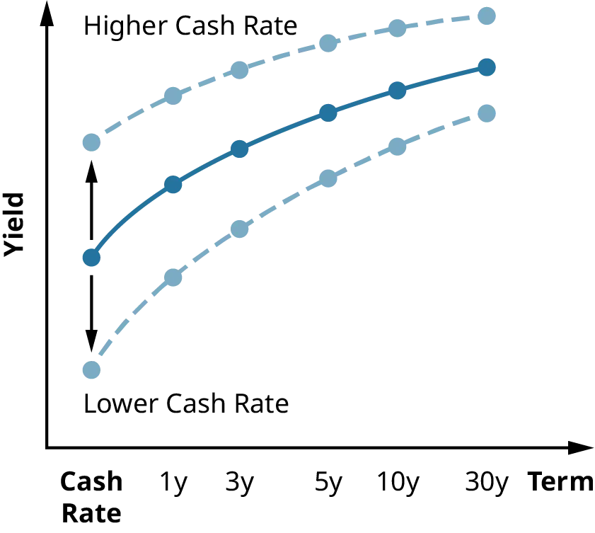 A line graph shows the changes in Yield Curve Depending on Cash Rate. The slope of the yield curve indicates the difference between yields on short- and longer-term investments. Investments with a higher cash rate have a higher yield, although the change in yield is not as dramatic over time. Investments with a lower cash rate have a lower yield, although the change in yield is more dramatic over time.