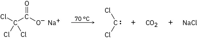 A reaction shows sodium trichloroacetate heated at 70 degrees Celsius to form dichlorocarbene, carbon dioxide, and sodium chloride.