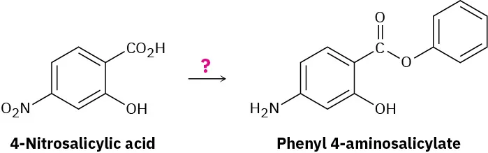 The reaction of 4-nitrosalicylic acid to form phenyl-4-aminosalicylate using unknown reagents, denoted by a question mark.