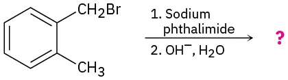 1-(Bromomethyl)-2-methylbenzene reacts with sodium phthalimide, then hydroxide ion and water to form an unknown product represented by a question mark.
