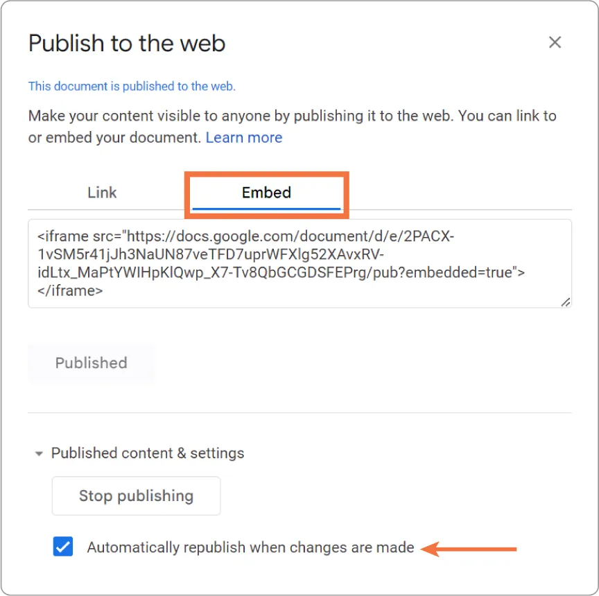 Embed tab is selected in a Publish to the web window. A link is visible and Published reads below it. A checkable box for Automatically republish when changes are made is selected.