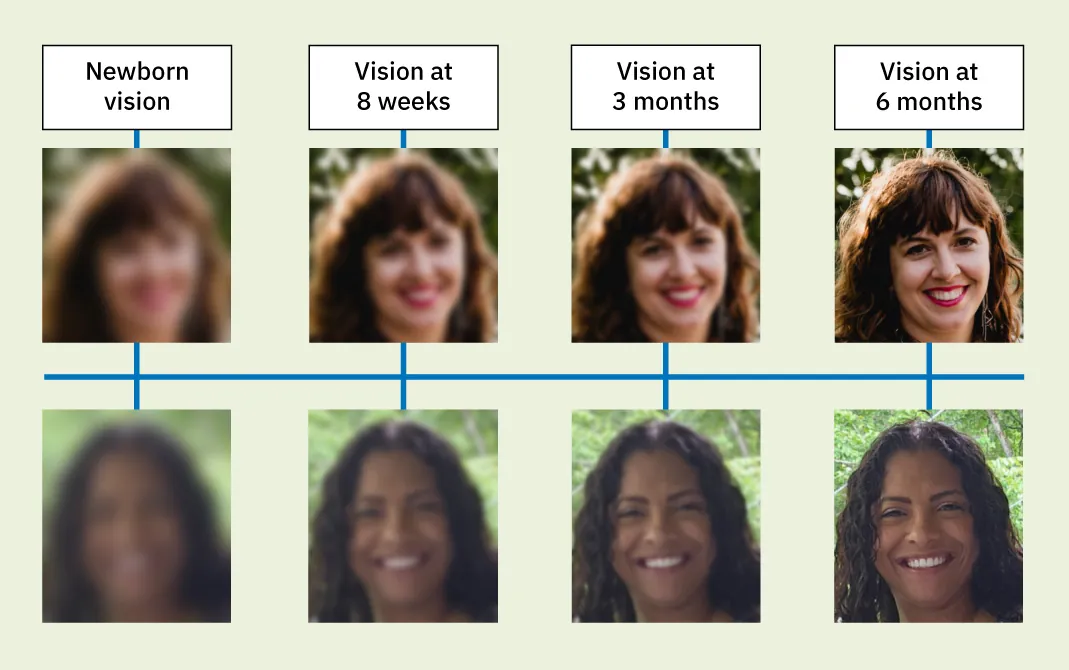 A diagram shows the blurriness of faces from the perspectives of newborn vision, vision at 8 weeks, vision at 3 months, and vision at 6 months.