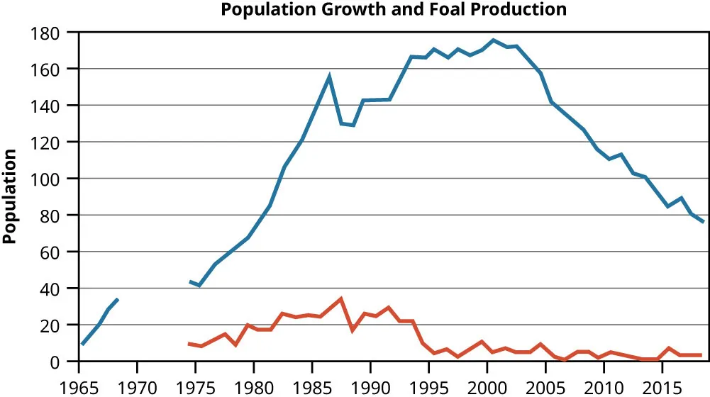 Population Growth and Foal Production graph (1965-2015). Horse population grew from 1975-1985, then dropped, rising again until 2000, and has been falling since. Foal Production rose until 1988 and has declined since.