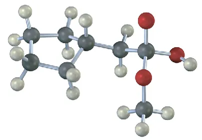 The ball-and-stick model of tetrahedral-alkoxide shows cyclopentane connected to methylene, connected to carbon single-bonded to hydroxyl, methoxide, and oxygen atoms. Black, gray, and red spheres denote carbon, hydrogen, and oxygen.