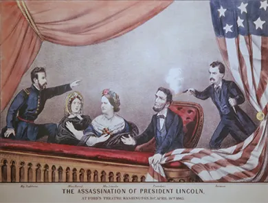 An illustration shows John Wilkes Booth shooting Lincoln in the back of the head as he sits in the theater box with his wife, Mary Todd Lincoln, and their guests, Major Henry R. Rathbone and Clara Harris. Rathbone stands and points at Booth as the women look on in horror.