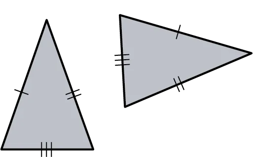 Two triangles. The left side of the first triangle and the top side of the second triangle are congruent. The right side of the first triangle and the bottom side of the second triangle are congruent. The bottom side of the first triangle and the left side of the second triangle are congruent.