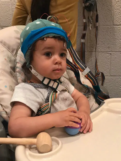Photo of young child with EEG electrodes attached to their head, covered with a cap, with wires visible.