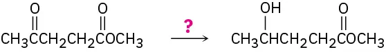 Methyl 4-oxopentanoate reacts with an unknown reagent represented by a question mark to form methyl 4-hydroxypentanoate.