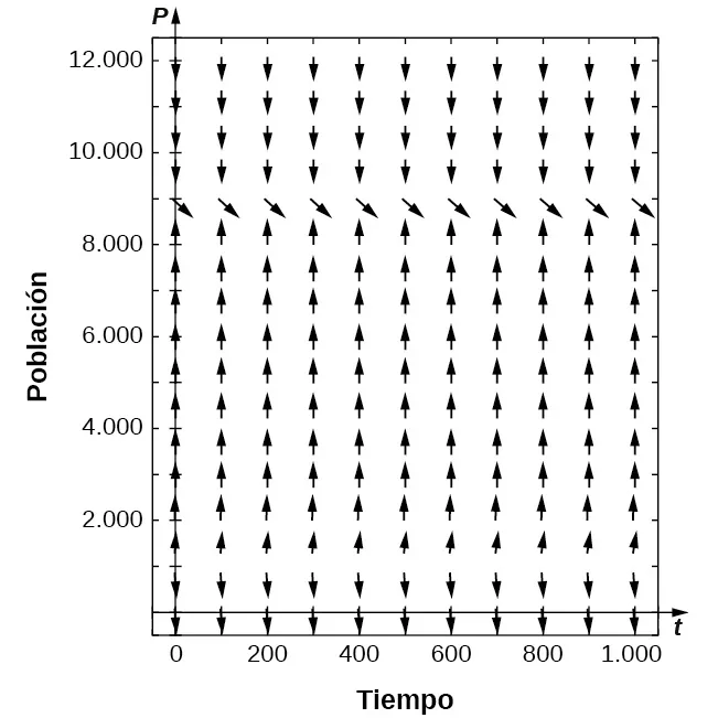 Un campo de direcciones con flechas que apuntan hacia abajo para P < 1.000, que apuntan hacia arriba para 1.000 < P < 8.500, y que apuntan hacia abajo para P > 8.500. Justo por encima de P = 8.500, las flechas apuntan hacia abajo y hacia la derecha.