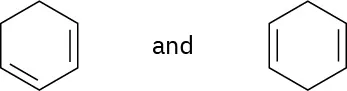 The figure shows two isomeric dienes. Cyclohexadiene has double bonds at C1 and C3. Another cyclohexadiene has double bonds at C1 and C4.