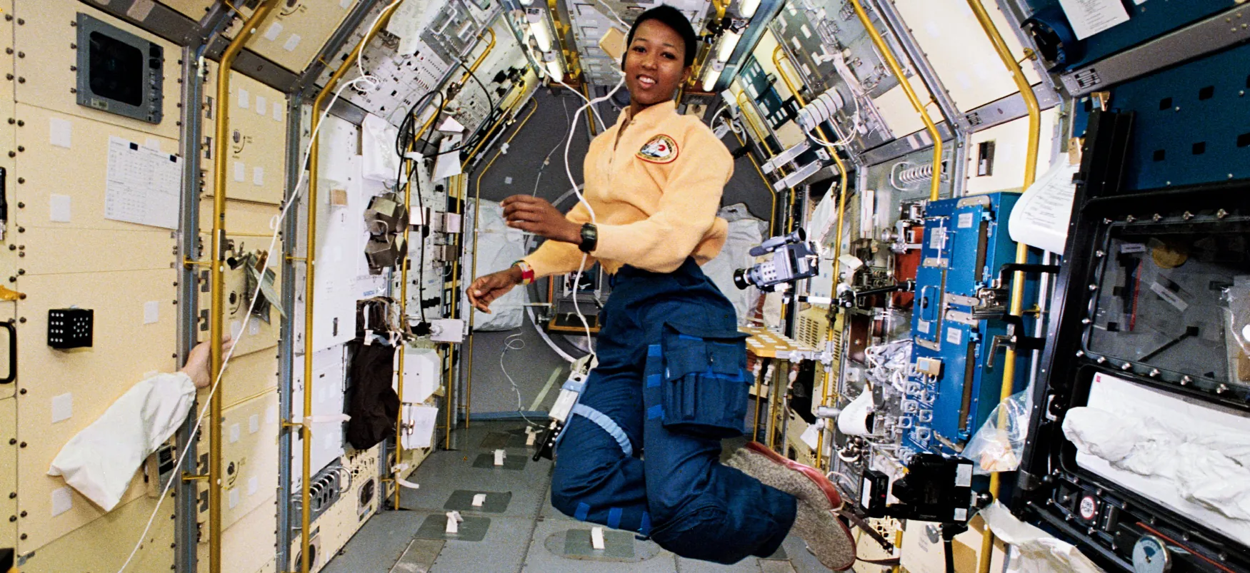 Mae Carol Jemison, an engineer, physician, researcher, and NASA astronaut, travels aboard the space shuttle Endeavour.