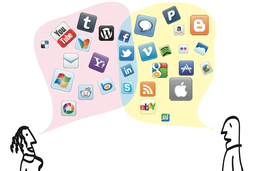 A collage of social media logos such as Twitter and Facebook