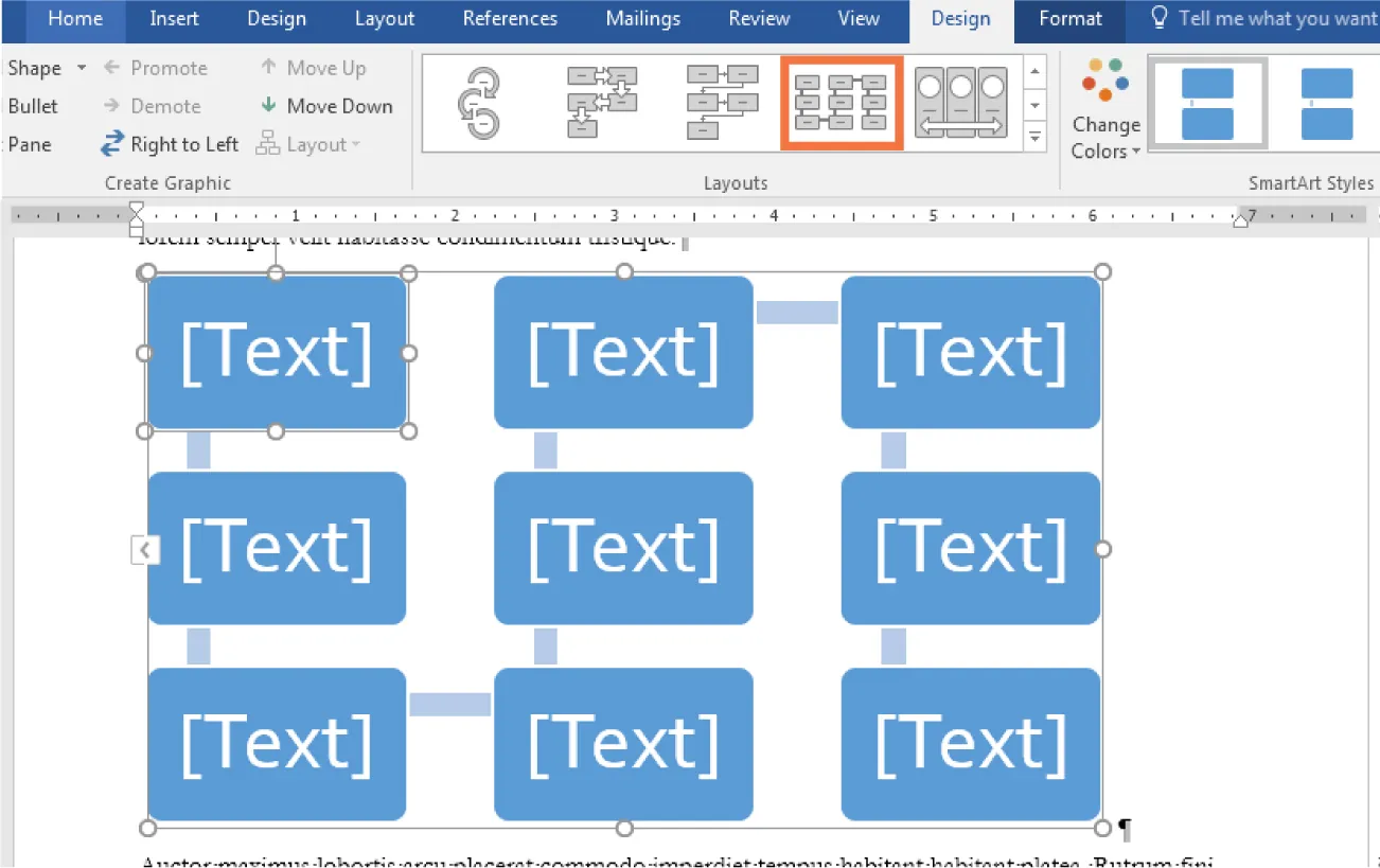 A Layout of 3 x 3 blue boxes connected by a travelling arrow is inserted into a document. [Text] is visible inside the boxes.