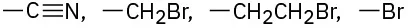 Four substituents are C triple bonded to N, C H 2 Br, C H 2 C H 2 Br, and Br each with an open single bond.