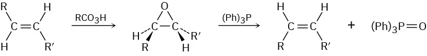 Trans alkene reacts with R C O 3 H to form trans epoxide, which reacts with P Ph 3 to form cis alkene and Ph 3 P double bond O.