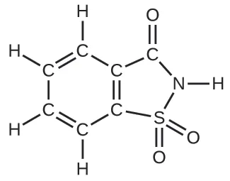 Se muestra una fórmula estructural. Un anillo hexagonal de 6 átomos de C con dobles enlaces alternos tiene átomos de H simples unidos a cuatro átomos de C consecutivos en el lado izquierdo del anillo. Los dos átomos de C del lado derecho del anillo, que están unidos por un doble enlace, también están incluidos en un anillo de 5 átomos a su derecha. El átomo de C del par que está más cerca de la parte superior de la estructura está unido individualmente a un átomo de C en la parte superior del anillo de 5 átomos que tiene un átomo de O con doble enlace por encima. Un átomo de N está unido individualmente a la parte inferior derecha de este mismo átomo de C. El átomo de N tiene un átomo de H unido a su derecha y en su parte inferior izquierda está unido a un átomo de S. El átomo de S está conectado al segundo átomo de C que se comparte en los dos anillos. El átomo de S también tiene doble enlace a un átomo de O en su parte inferior derecha y tiene doble enlace a un segundo átomo de O directamente debajo de él.