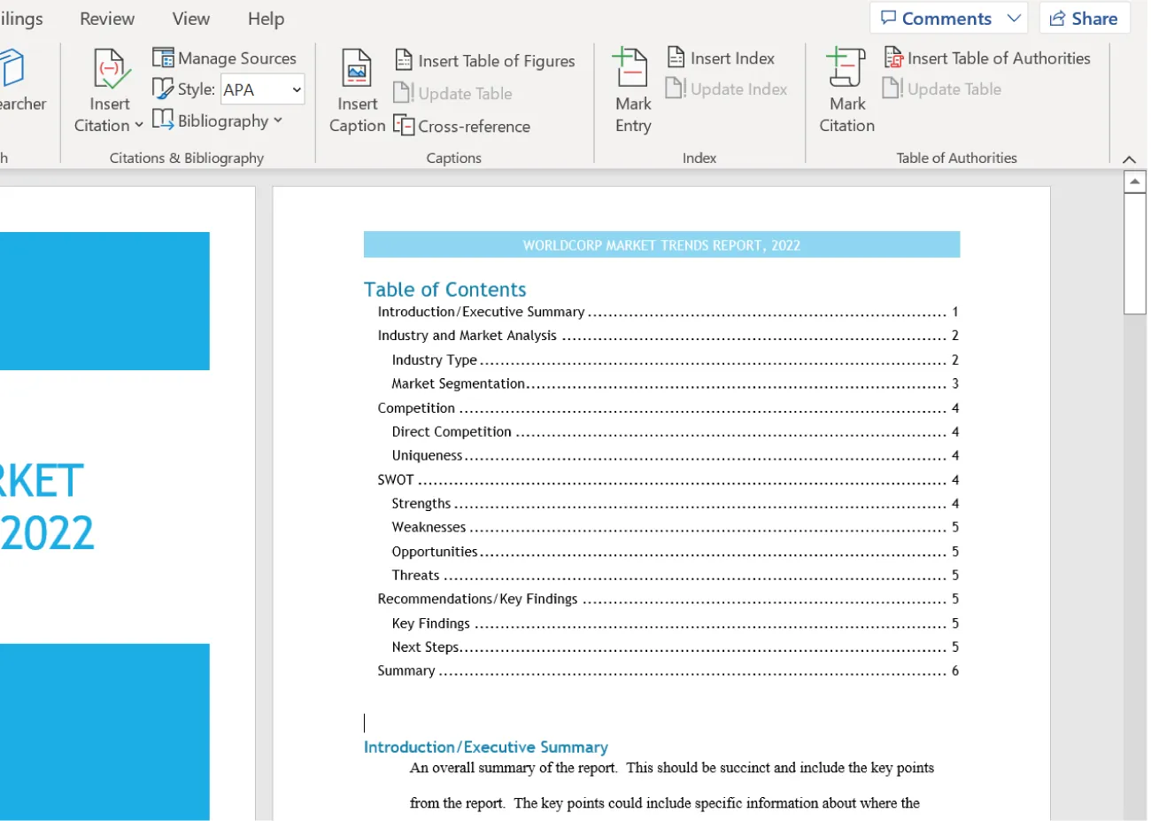 A Table of Contents is visible with headings, subheadings, and page numbers.