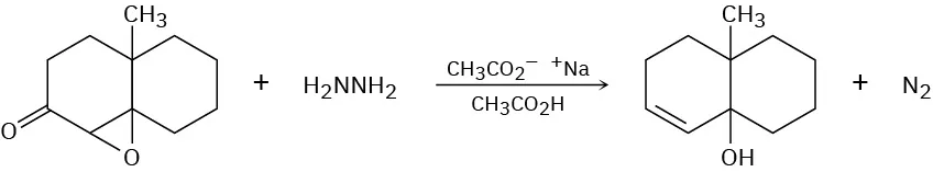 Wharton reaction shows the conversion of an epoxy ketone to an allylic alcohol and N 2, by reacting with hydrazine using a catalyst containing sodium acetate, and acetic acid.