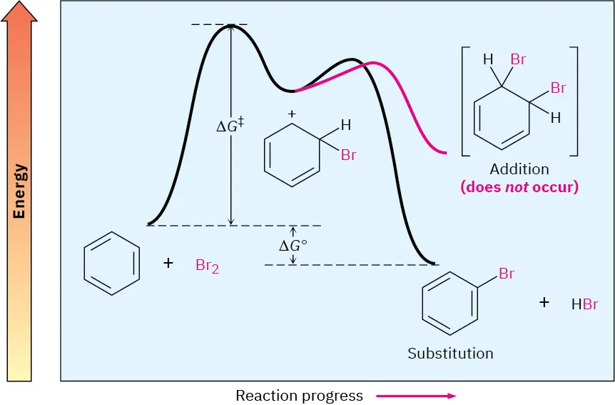 Energy diagram shows curve exhibiting two peaks, with the first peak higher than second. A second curve originates from the trough of the first curve and ends higher in energy than the first curve.
