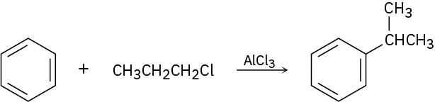 Benzene reacts with propyl chloride in the presence of aluminum trichloride to form a benzene ring, in which C1 is bonded to an isopropyl group.