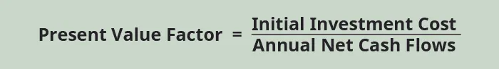 Present value factor equals initial investment cost divided by annual net cash flows.