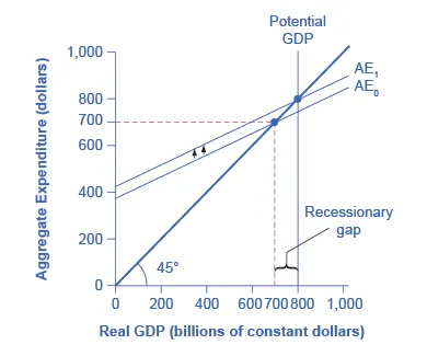 The graph shows the multiplier effect in the expenditure-output model: an increase in expenditure has a larger increase on the equilibrium output.