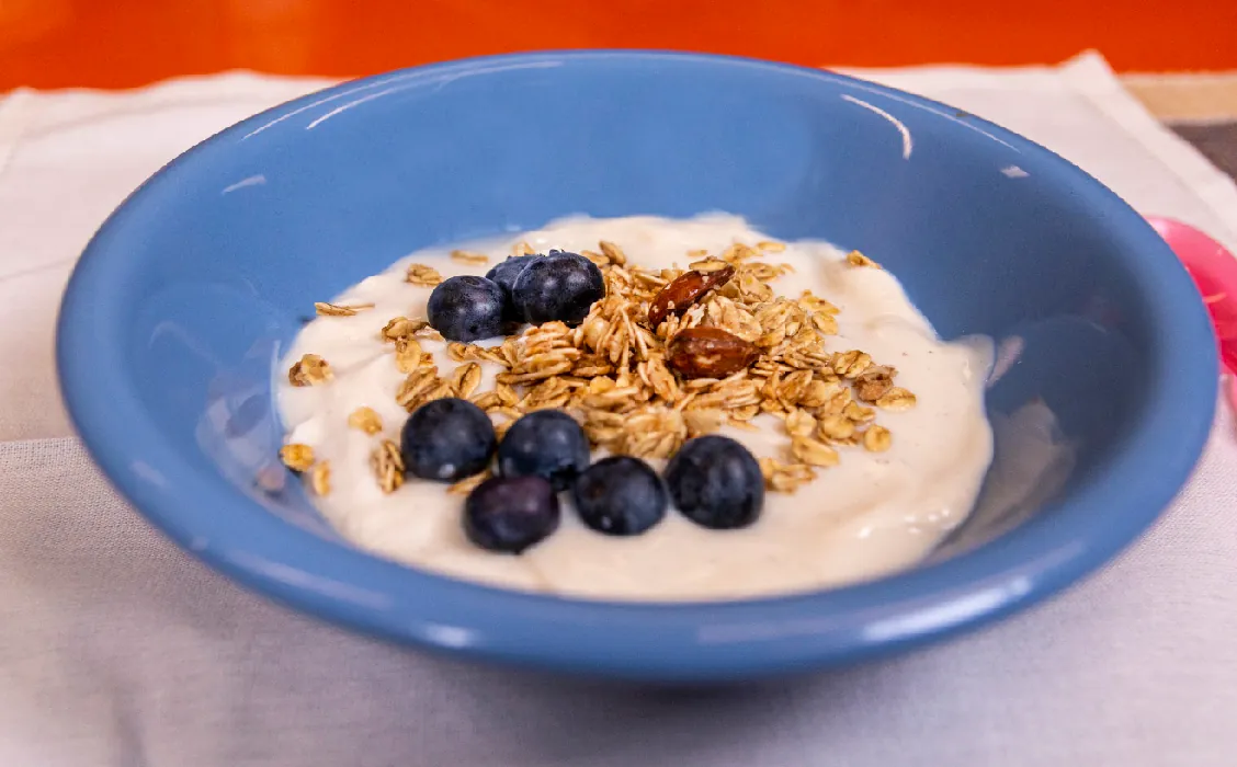 A bowl of yogurt topped with blueberries and granola.