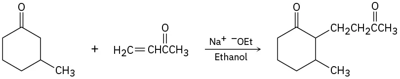 3-methylcyclohexan-1-one to product by reaction with but-3-en-2-one. The product has cyclohexanone with methyl at third and C H 2 C H 2 C O C H 3 at second carbon.