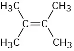 The structure has two carbon atoms with a double bond in-between. C 1 and C 2 are each bonded to two methyl groups.
