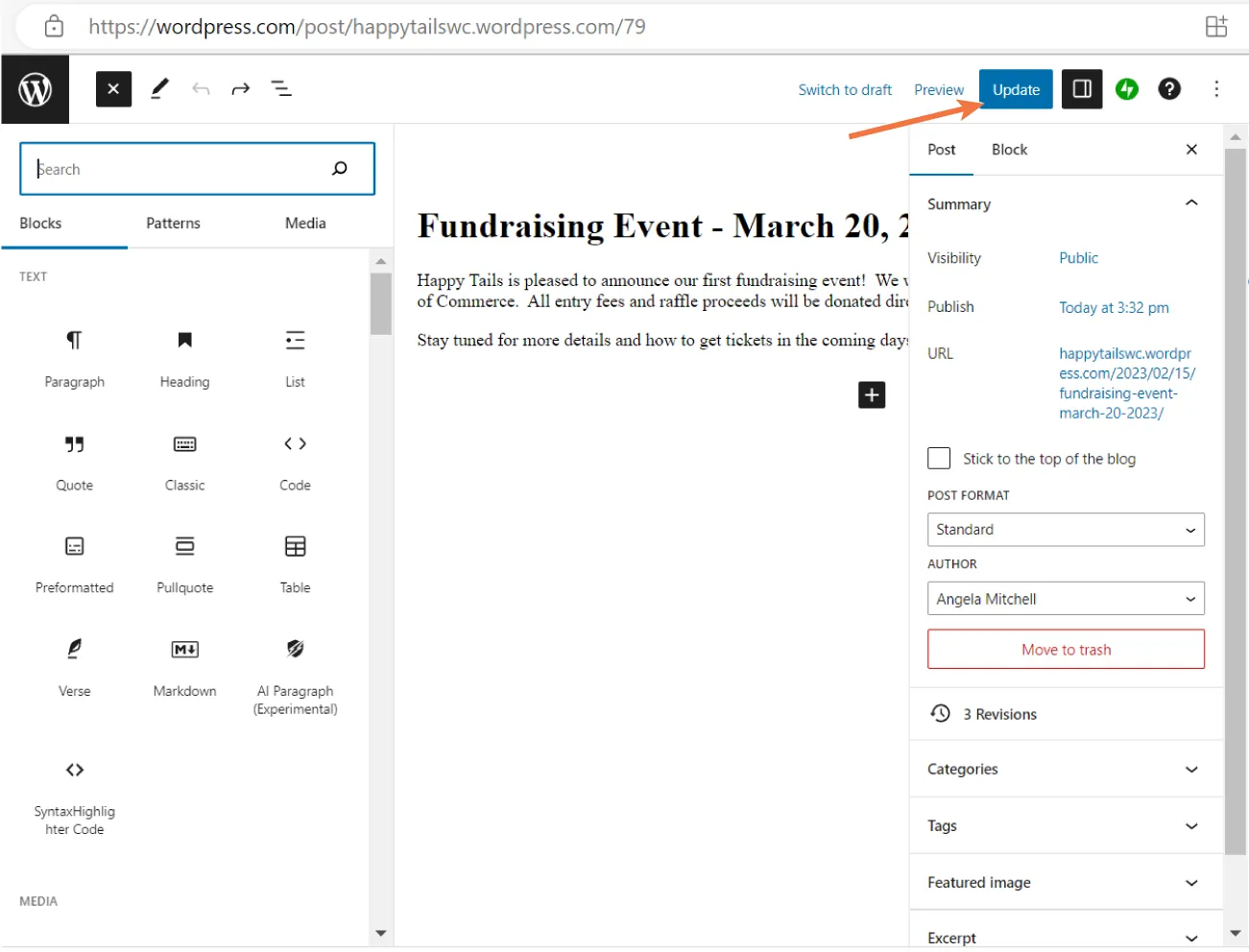 A blog page displays an Update button opening to tabs for Post (selected). Some options listed include: Summary, Visibility, Publish, URL, Post Format, Author, Move to trash, Categories, Tags, Featured Image, Excerpt.