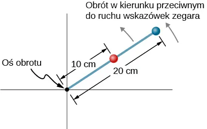 Rysunek pręta obracającego się przeciwnie do kierunku obrotu wskazówek zegara. Pręt ma zaznaczone dwa punkty rotacji, jeden w odległości 10 cm od osi obrotu i drugi w odległości 20 cm od osi obrotu.