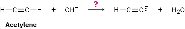 The reaction of acetylene with the hydroxide ion as reactants on the left side of the arrow and the alkynide ion and water as products on the right side.
