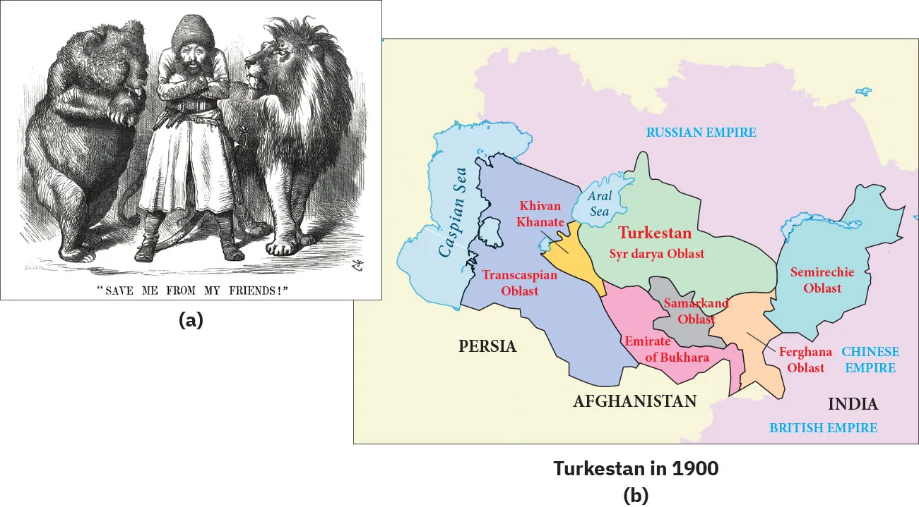 Part a is a drawing of a man with a long black beard, hunched over with his arms crossed, his feet apart, dressed in a long coat, fur hat, thick belt and tall boots, standing between a bear on the and a lion. The bear has his tongue out and is salivating while standing upright looking at the man, while the lion is looking stern and watching the man as well. The words “Save me from my friends!” is written along the bottom. Part b is a map labeled “Turkestan in 1900” and shows the region in Central Asia around the Caspian Sea. India is highlighted pink and covers most of the north and southeast parts of the map. The northern portion is labeled “Russian Empire,” the eastern portion is labeled “Chinese Empire,” and the southeastern portion is labeled “British Empire.” To the right of the Caspian Sea is a dark blue area labeled “Transcaspian Oblast.” Below that is an area labeled Persia. To the right of the “Transcaspian Oblast” is a very small area labelled “Khivan Khanate,” highlighted yellow. Above that is the Aral Sea. Next to that is Turkestan Syr darya Oblast” highlighted light green and below that is the “Emirate of Bukhara” in pink and “Samarkand Oblast” in dark gray. To the right highlighted beige is “Ferghana Oblast” and to the right of that the “Semirechie Oblast” is highlighted seafoam green.