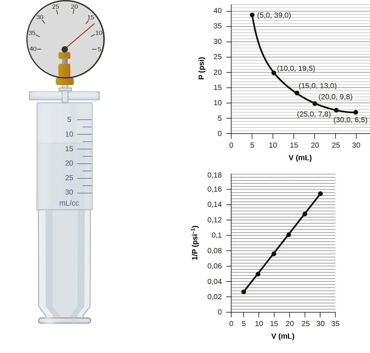 Esta figura contiene un diagrama y dos gráficos. El diagrama muestra una jeringa marcada con una escala en m l o c c con múltiplos de 5, comenzando en 5 y terminando en 30. También se proporcionan las marcas a medio camino entre estas medidas. En la parte superior de la jeringa hay un manómetro con una escala marcada por cincos desde 40 a la izquierda hasta 5 a la derecha. La aguja del manómetro descansa entre 10 y 15, ligeramente más cerca de 15. La posición del émbolo de la jeringa indica una medida de volumen a medio camino entre 10 y 15 m l o c c. El primer gráfico está marcado como "V ( m L )" en el eje horizontal y "P ( p s i )" en el eje vertical. Los puntos están marcados a 5, 10, 15, 20 y 25 m L con los correspondientes valores de 39,0, 19,5, 13,0, 9,8 y 6,5 p s i. Los puntos se conectan con una curva suave que disminuye a una tasa de cambio decreciente. El segundo gráfico está marcado como "V ( m L )" en el eje horizontal y "1 dividido por P ( p s i )" en el eje vertical. El eje horizontal está marcado en múltiplos de 5, comenzando en cero y extendiéndose hasta 35 m L. El eje vertical está marcado en múltiplos de 0,02, comenzando en 0 y extendiéndose hasta 0,18. Seis puntos indicados con puntos negros en este gráfico están conectados con un segmento de línea negra que muestra una tendencia lineal positiva.