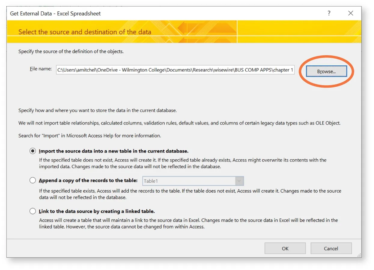 Get External Data – Excel Spreadsheet window reads: Specify the source of the definition of the objects. File name displays and Browse button visible at right.