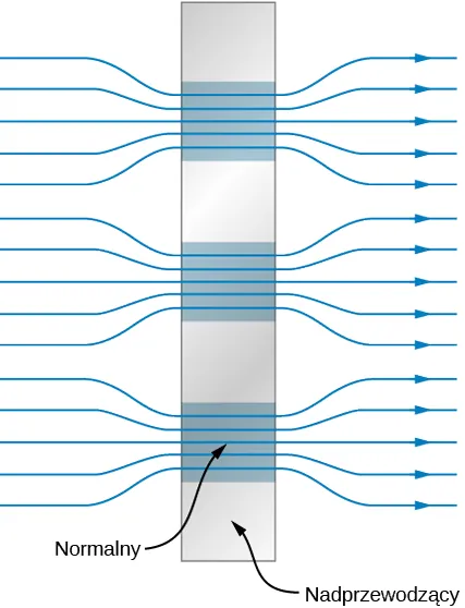 Na rysunku znajduje się pionowy prostokąt (sztabka) ze zmieniającymi się na przemian niebieskimi i szarymi obszarami (w kształcie kwadratów), jeden nad drugim. Niebieskie obszary opisane są jako normalne a szare jako nadprzewodzące. Równoległe poziome i równo oddalone od siebie linie (oznaczone strzałkami) wchodzą do sztabki od lewej strony i grupują się (zbiegają) w taki sposób, że przechodzą tylko przez obszary normalne. Po prawej stronie, po wyjściu ze sztabki znowu stają się równoległe i równo oddalone od siebie.