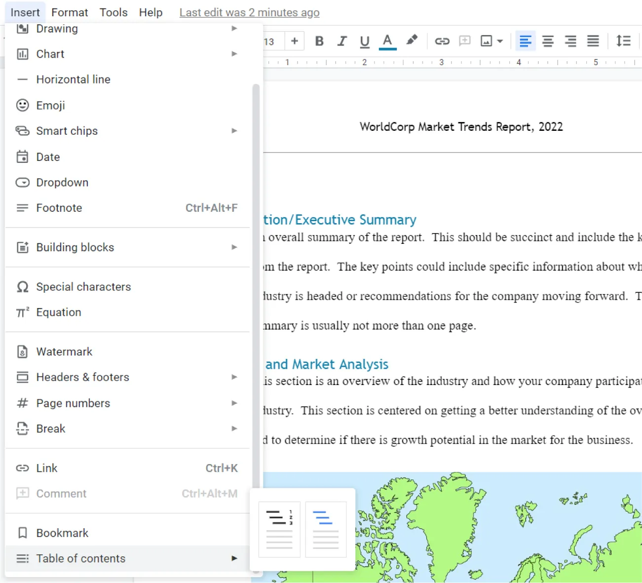 Insert opens to Table of Contents selected. This opens at the right to a pane with options for Plain text, dotted or linked.