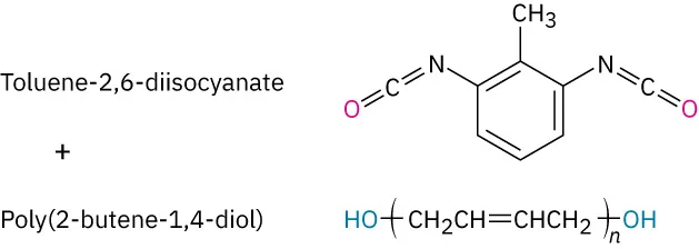 Toluene-2,6-diisocyanate comprises of a benzene ring with a methyl group and with isocyanate groups on either side of the methyl group. Poly(but-2-ene) is a four-carbon chain alkene enclosed in brackets with subscript n, with two hydroxyl groups on terminal carbons.