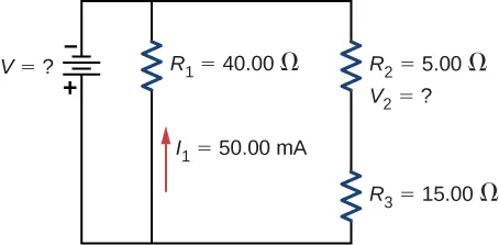 The negative terminal of voltage source V is connected to two parallel branches, one with resistor R subscript 1 of 40 Ω with downward current I subscript 1 of 50 mA and second with R subscript 2 of 5 Ω in series with R subscript 3 of 15 Ω.