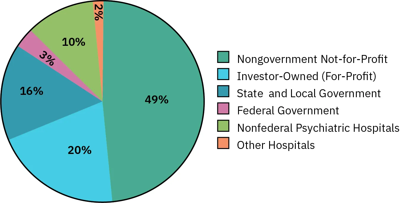 A pie chart divided into six sections. The 49 percent section is labeled “Nongovernment Not-for-Profit.” The 20 percent section is labeled “Investor-Owned (For-Profit).” The 16 percent section is labeled “State and Local Government.” The 3 percent section is labeled “Federal Government.” The 10 percent section is labeled “Nonfederal Psychiatric Hospitals.” The 2 percent section is labeled “Other Hospitals.”